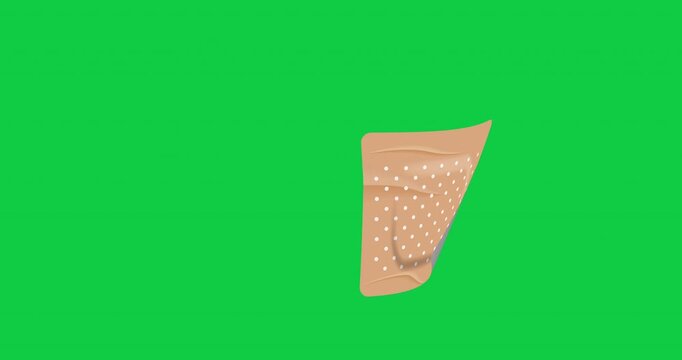 Beige adhesive antibacterial bandage. Animated elastic patch with rounded edges and air ducts on green. Adhesive bandage for emergency medical care for wound, scratch, calluse on skin. 4K video
