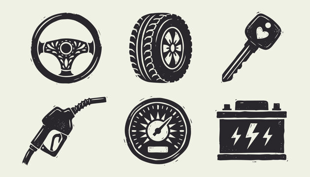 Car parts icon set with steering wheel tire key gas nozzle speedometer and battery linocut style
