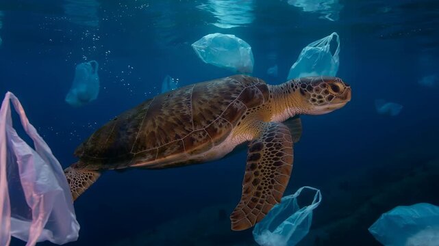 Sea turtle swimming underwater surrounded by plastic pollution highlighting ocean environmental issues
