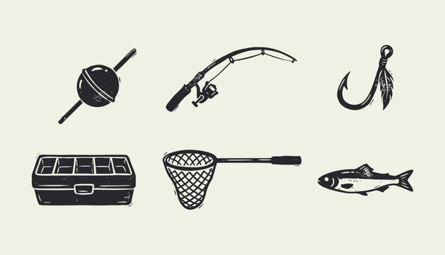 Set of vintage hand-drawn fishing equipment icons including rod net hook and tackle box
