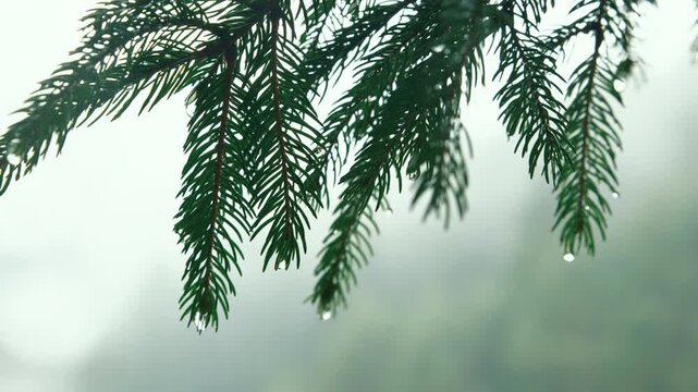Closeup of raindrops hanging from  Spruce needles in a misty forest