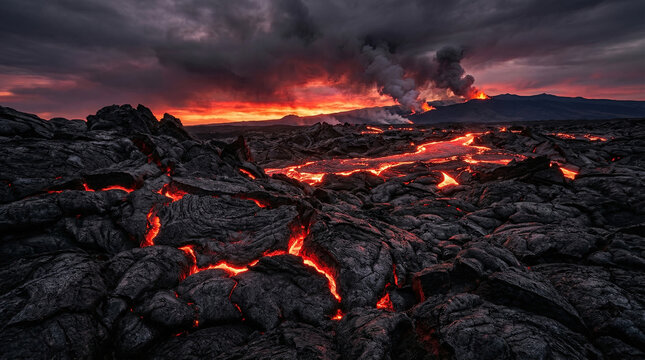 Erupting volcano spews molten lava flows across rugged terrain at sunset