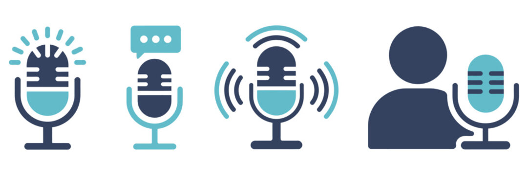 Podcast radio icons featuring speaker and microphone symbols for audio broadcast vector illustration.