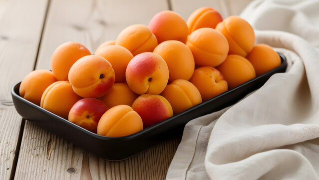 Fresh apricots piled in a black rectangular dish on a rustic wooden table a healthy and natural summer fruit for food photography and healthy eating concepts