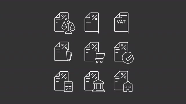 Animated tax reports white line icons. Regular payments animation set. Financial paperwork. Business accounting service. Budget. Isolated elements on dark background. Alpha channel HD video