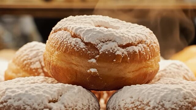 A delicious stack of powdered sugar donuts in a bakery setting