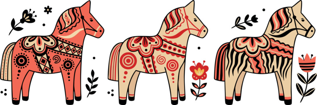 Set of hand drawn Swedish Dala horse illustrations with traditional floral folk art patterns on white background