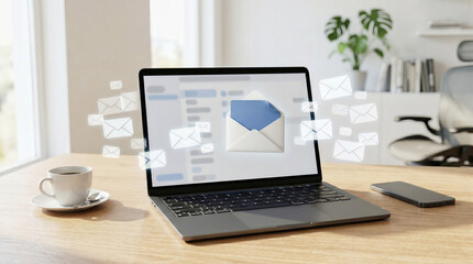 Fototapeta premium Laptop displaying email interface with envelopes flying out, symbolizing communication