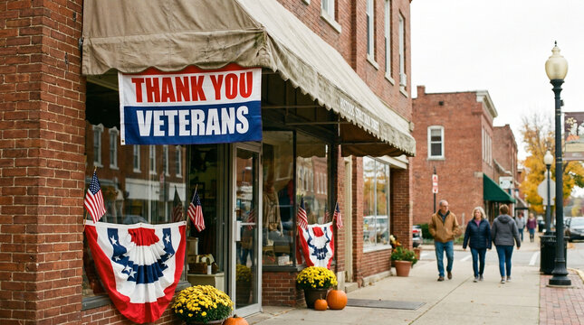 Veterans Day sign in shop window with people walking outdoors  