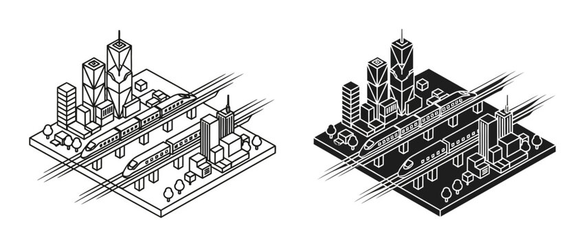 Cityscape with trains icon set, outline and solid style, white background, vector Illustration