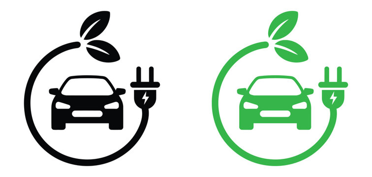 EV charging station icon, electric car and plug symbol for eco friendly transport, clean energy mobility and vehicle charging vector illustration.