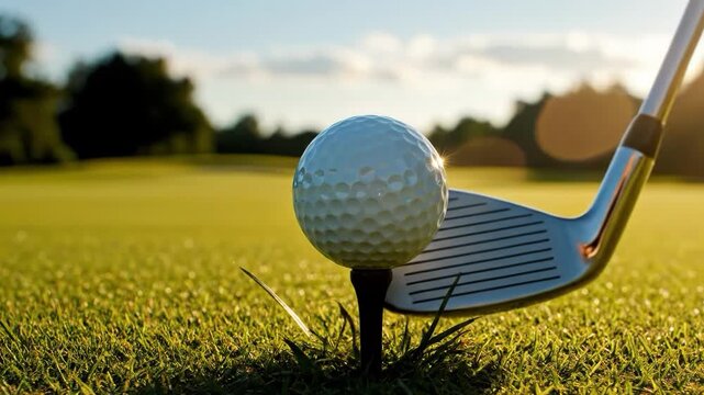 Golf ball on a tee in a sunny golf course