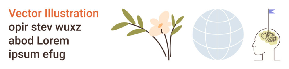 Obraz premium Education, creativity, global connectivity, innovation, nature, knowledge exchange. Features a flower branch, a globe and a human head with a brain illustration. Focus on creativity and global