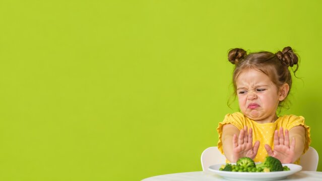 Disgusted little girl refusing to eat broccoli.