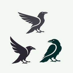 Naklejka premium Three stylized raven silhouettes in different poses, dark grey and teal colors, white background