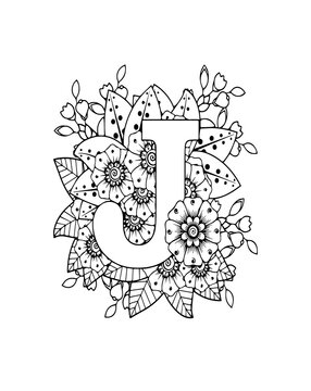 Detailed illustration of letter J with floral patterns and designs for coloring book