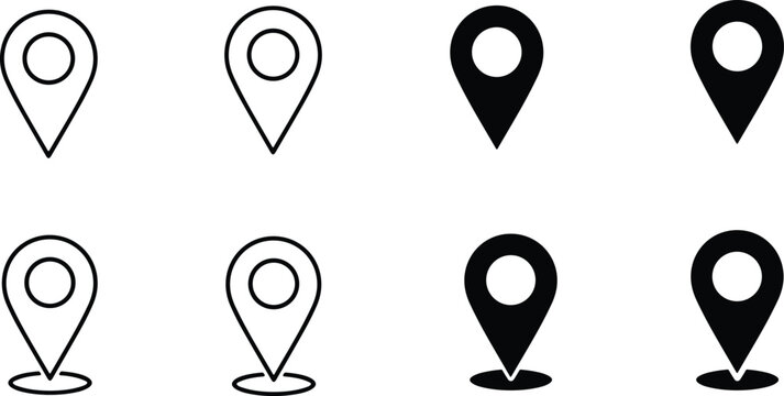 Collection of vector location pin icons, outline and solid map pointers for GPS navigation, tracking, mapping, and destination marker design