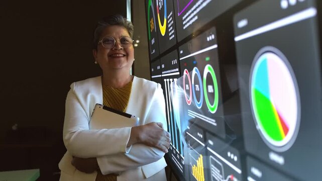 A smiling professional stands beside large digital dashboards displaying colorful charts and metrics, holding a tablet in a modern workspace.