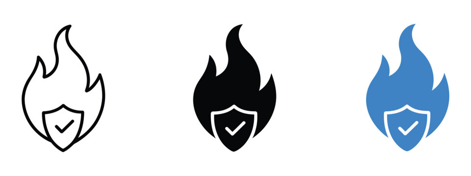 Secure fire icons featuring shield protection, flame symbols, hazard warnings, and safety concepts.
