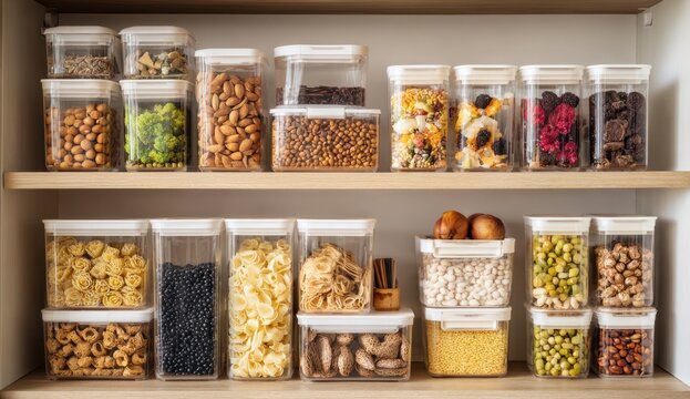 Neatly arranged transparent food storage containers filled with various dry pantry staples and ingredients on wooden shelves
