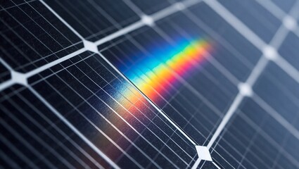 Naklejka premium Closeup of solar panel with rainbow light reflection on photovoltaic cells renewable energy technology