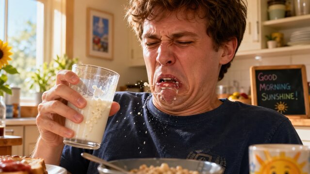 Disgusted man spitting out bad spoiled milk.