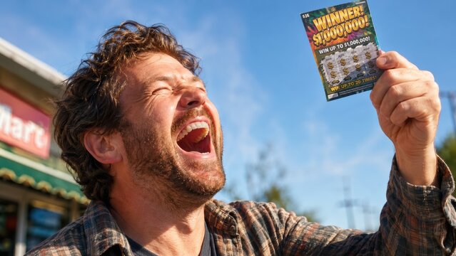 Excited man shouting holding winning lottery ticket.