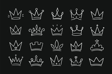 Set of hand drawn crown icons set doodle, hand drawn royal crowns in yellow and pink colors. Cute doodle collection for princess  queen  king  and success symbols.  © ApexStock Studio66