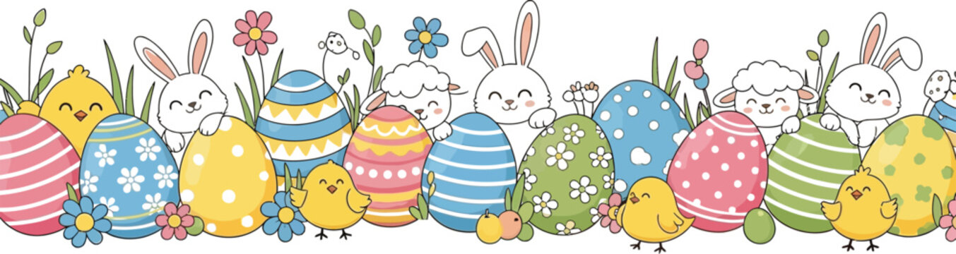 Cartoon easter eggs with bunnies and chicks in a spring scene