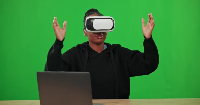 Laptop, green screen or woman in vr, 3d or cybersecurity, information technology or playing a game. Metaverse headset, digital future or African girl with big data intel, internet or code software