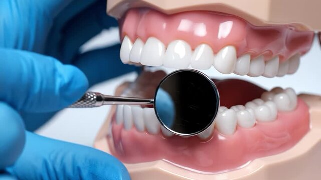 Dentist examining teeth with dental mirror on model