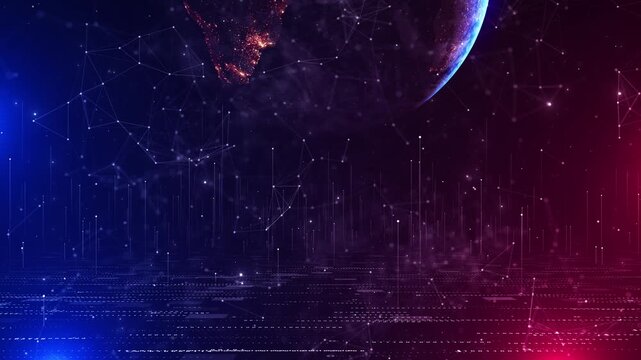 Digital Earth network space background planet, connected nodes, magenta lighting, futuristic grid floor. global technology internet intros, data science visuals, communication promos, cyber overlays.