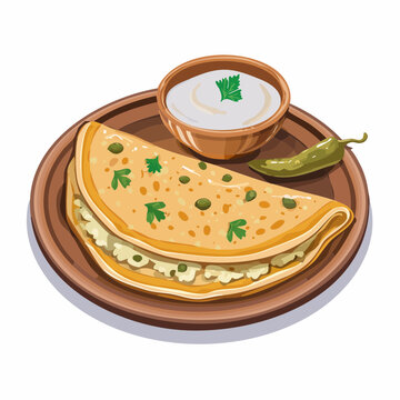 Vector art of aloo paratha served with yogurt and pickle on rustic plate
