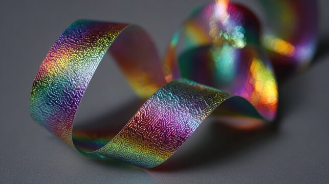Vibrant, reflective rainbow paper with iridescent colors and textured surface, showcasing a glossy, metallic finish in a dynamic composition