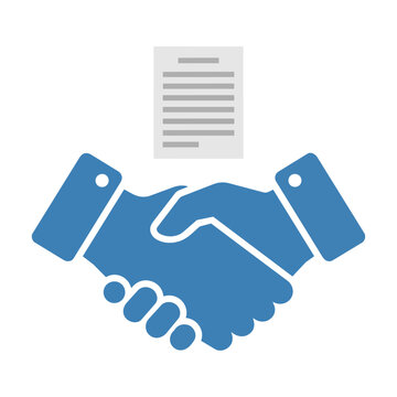 Minimalist professional icon of two hands in a handshake with a stylized document sheet on white background. Business agreement and contract concept