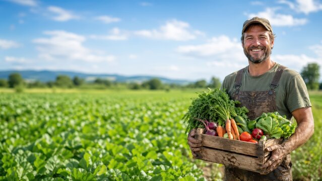 Smiling male farmer holding fresh vegetable crate.