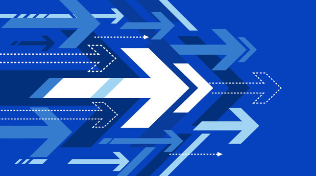 Blue arrows move forward in various directions on a blue background