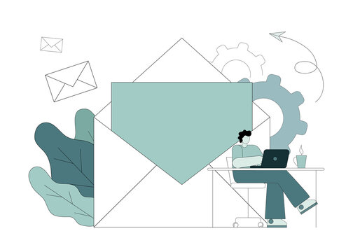 E-marketing, reaching target audiences with emails. Internet marketing. A large envelope and a letter, a person makes an internet marketing campaign