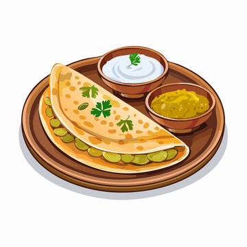 Vector art of aloo paratha served with yogurt and pickle on rustic plate