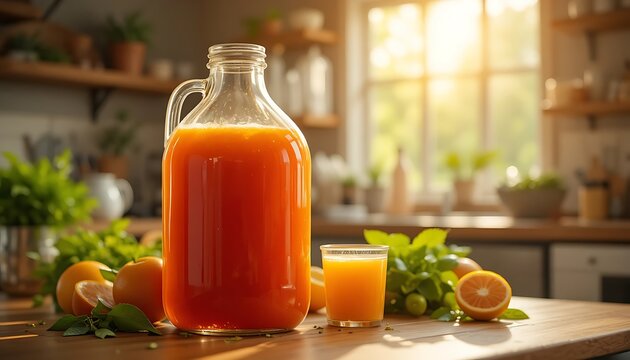 fresh homemade carrot orange juice in glass jar with sunlight kitchen glow summer wellness. 1 gallon jug