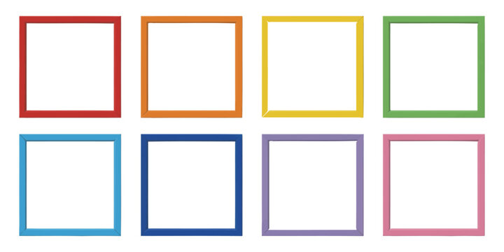 Picture frame icons, simple square wooden and plastic designs with modern colored borders.