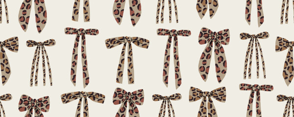 Preppy Bow Leopard Seamless Pattern. Bow Leopard Animal Aop Spots Wrap Bg. Seamless Ribbon Leopard Wrapping Paper. Vector Doodle Background © Anna Drozdova