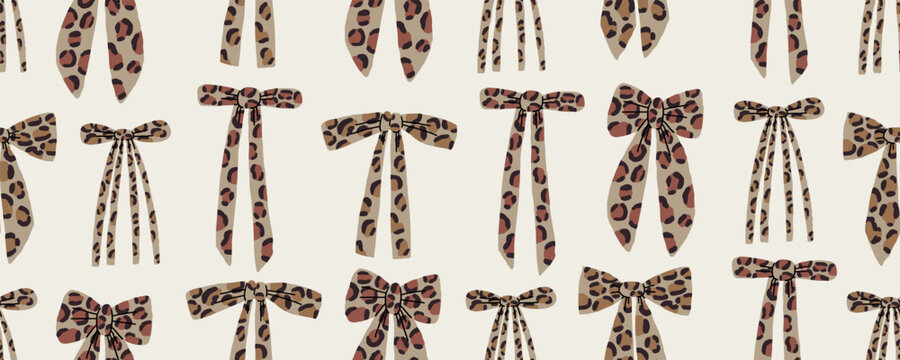 Preppy Bow Leopard Seamless Pattern. Bow Leopard Animal Aop Spots Wrap Bg. Seamless Ribbon Leopard Wrapping Paper. Vector Doodle Background