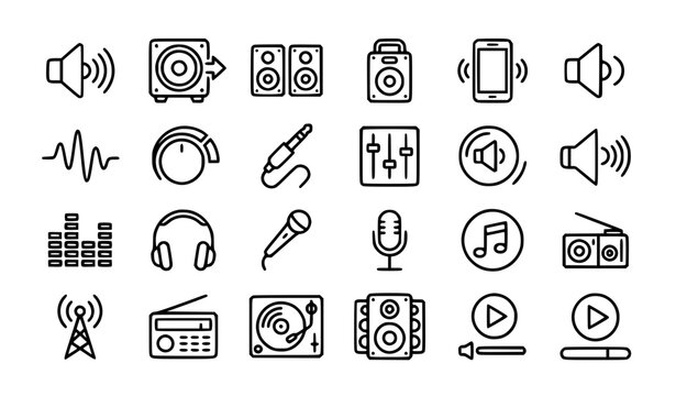 Speaker icons set vector monochrome line art audio sound system loudspeaker illustration