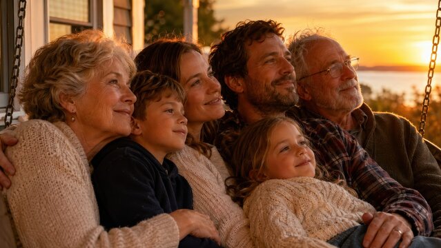 Happy multi-generational family relaxing on porch swing.