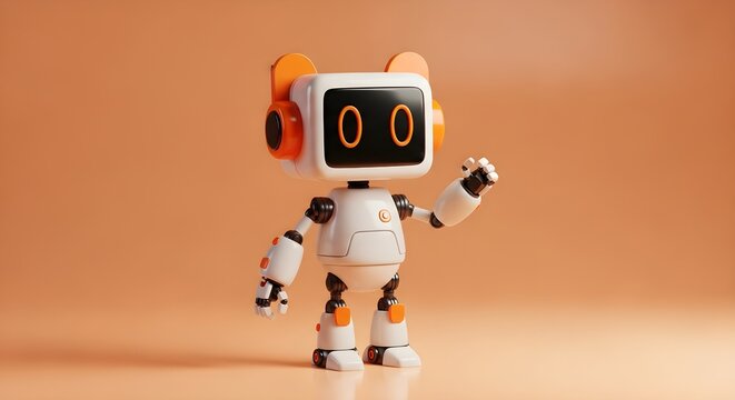Cute robot character with orange accents a 3d render against a warm peach colored background high quality professional detailed modern elegant stylish clean