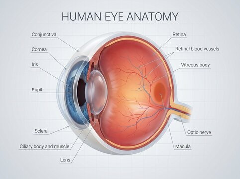 Educational diagram of human eye anatomy with labels