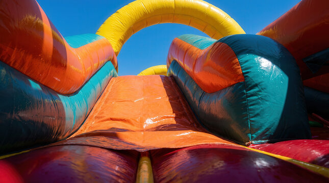 Close up low angle view of colorful inflatable slide tunnel with glossy vinyl texture, bright blue sky background, vibrant playground structure, summer fun recreation concept.ai generative technology