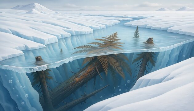 Ancient Fossilized Palm Tree Frozen Deep Within Antarctic Glacier Ice.