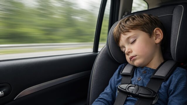 Tired boy sleeping deeply in car seat.